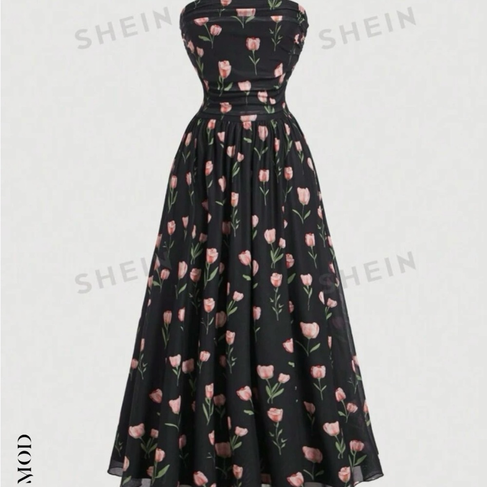 Black tulip floral printed summer pleated dress